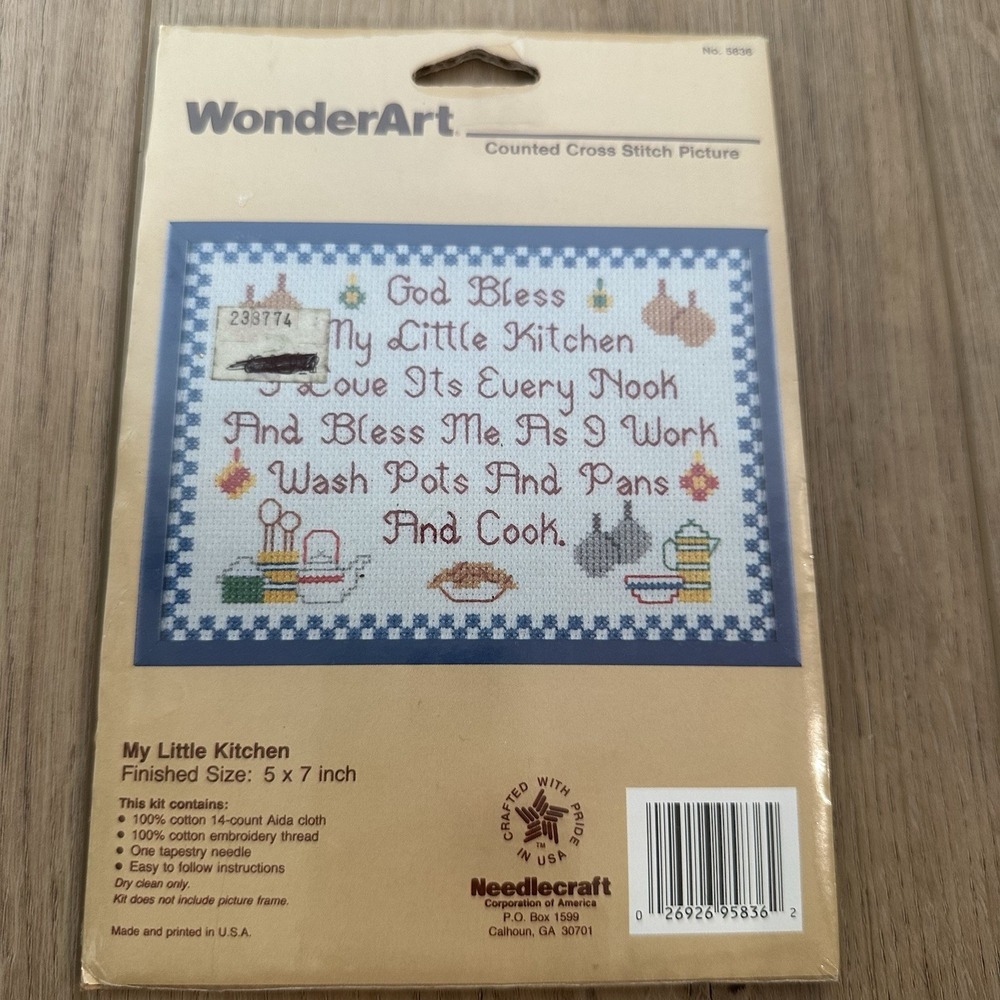 VTG WonderArt Cross Stitch God Bless My Little Kitchen Kit 5x7 Needlecraft New